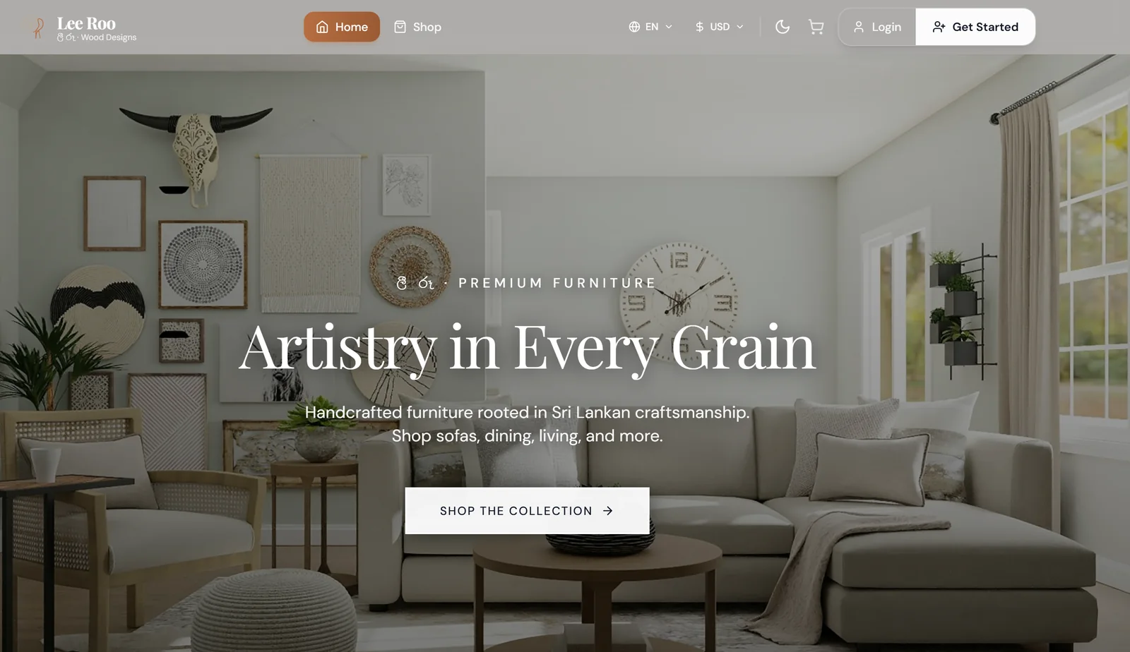 The LEE ROO home page: “Artistry in Every Grain”, handcrafted furniture rooted in Sri Lankan craftsmanship.
